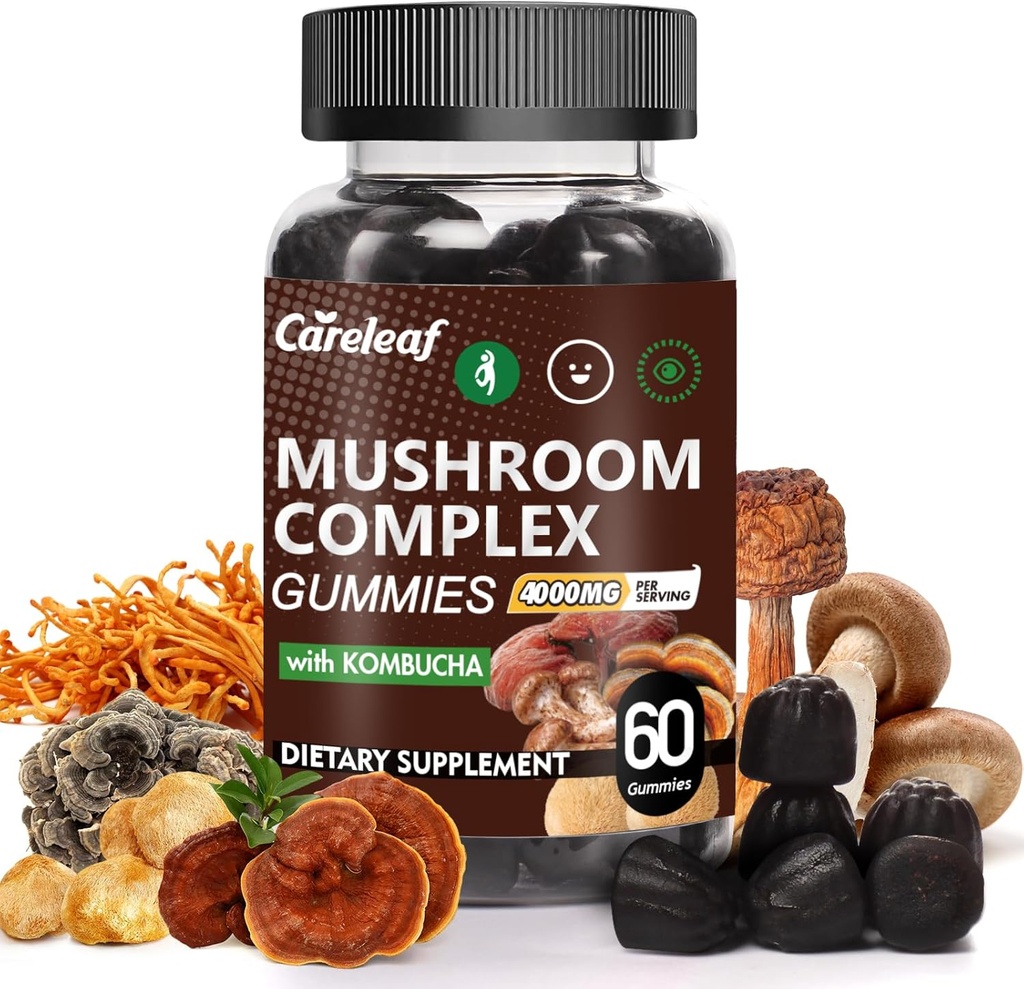 9 in 1 Mushroom Gummies con Lion's Mane for Focus Supplement and Energy Supplements to Support Immune System De-Stress Boost Mood & Energy 60 Count Kombucha Flavor