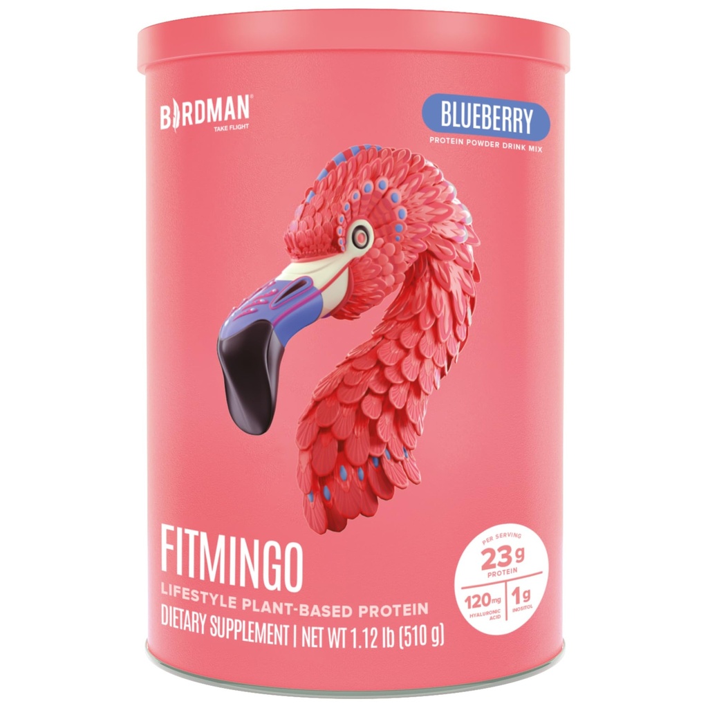 BIRDMAN Fitmingo Vegan Protein Powder with Inositol, Collagen Boosters, Acido Ialuronico e Vitamine | Carbo basso, Dairy Free, Calorie bassa | 23g Plant Based Blueberry Protein Powder with Myo-Inositol