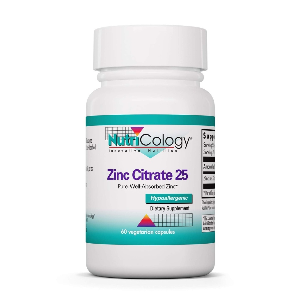Nutrizione Zinc Citrate Supplemento - 25mg Zinco per Uomini e Donne, Supporto Immune, Pure, Ben assorbito, Ben tollerato, Trace Minerale, Capsule Vegetariani - 60 Conte