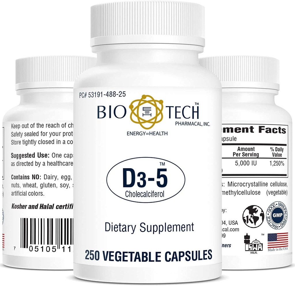 Vitamina farmaceutica Bio-Tech D3 (D3-5 5k IU, 250 Veg Count)