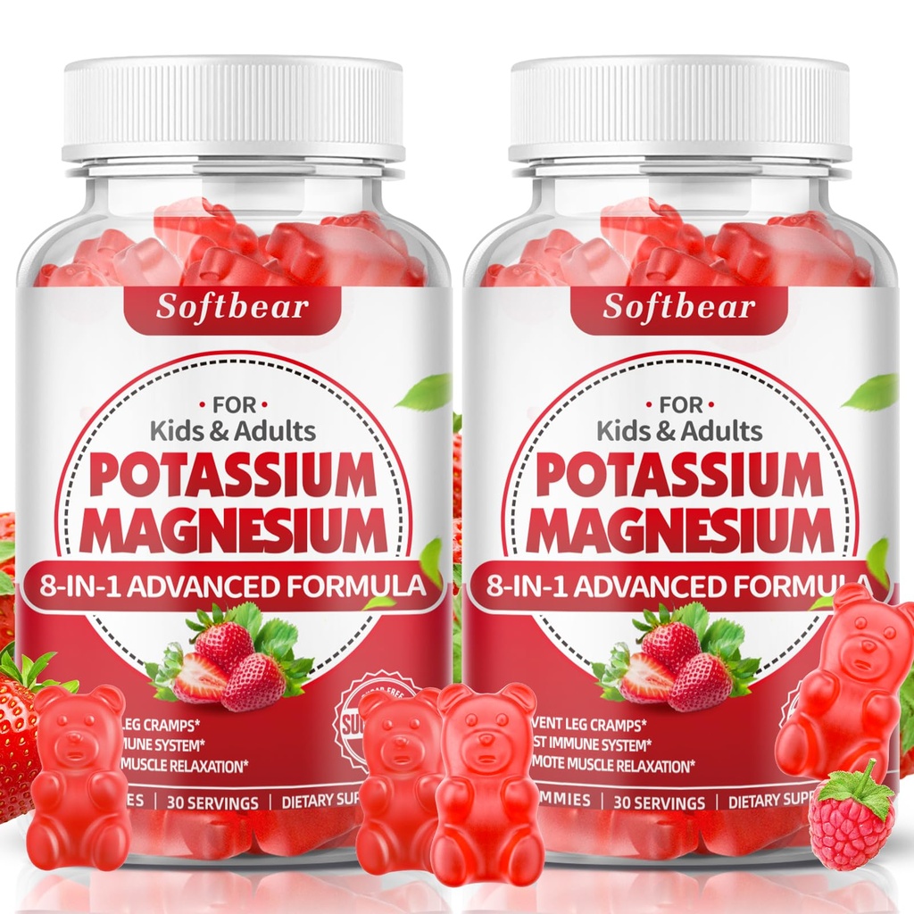 Softbear Potassium Gummies per Adulti, Alto assorbimento Magnesio Supplemento di potassio con vitamina B6 per Gambe &amp; Muscolo Salute Zucchero Vegan Strawberry 120 Gummies