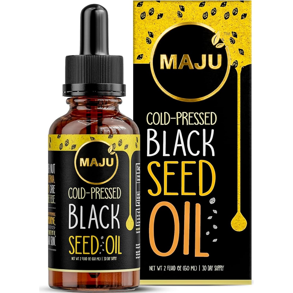 Maju Superfoods Black Seed olio - 3 volte TQ, freddo-pressed, formato di viaggio, 100% turco nero Cumin Seed olio, liquido puro Blackseed, bottiglia di vetro, 2 Oz