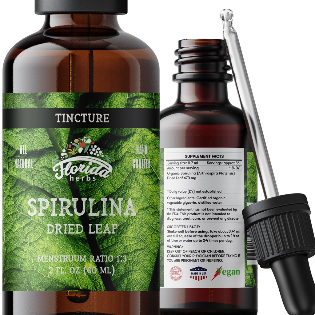 Spirulina Tincture, Estratto di Spirulina Organica (Arthrospira Platensis) Integratore di erbe, Non OGM in Glicerina Organica Pressed a Freddo, 700 mg, 2 oz (60 ml)