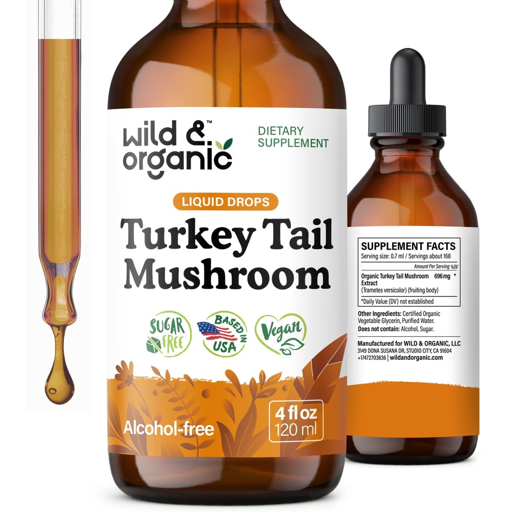 Wild & Organic Turkey Tail Mushroom Tincture - Supporto Immune Drops with Turkey Tail Extract - Liquid Mushroom Supplement per Gut Support - Vegan, Sugar & Alcohol-Free - 4 fl oz