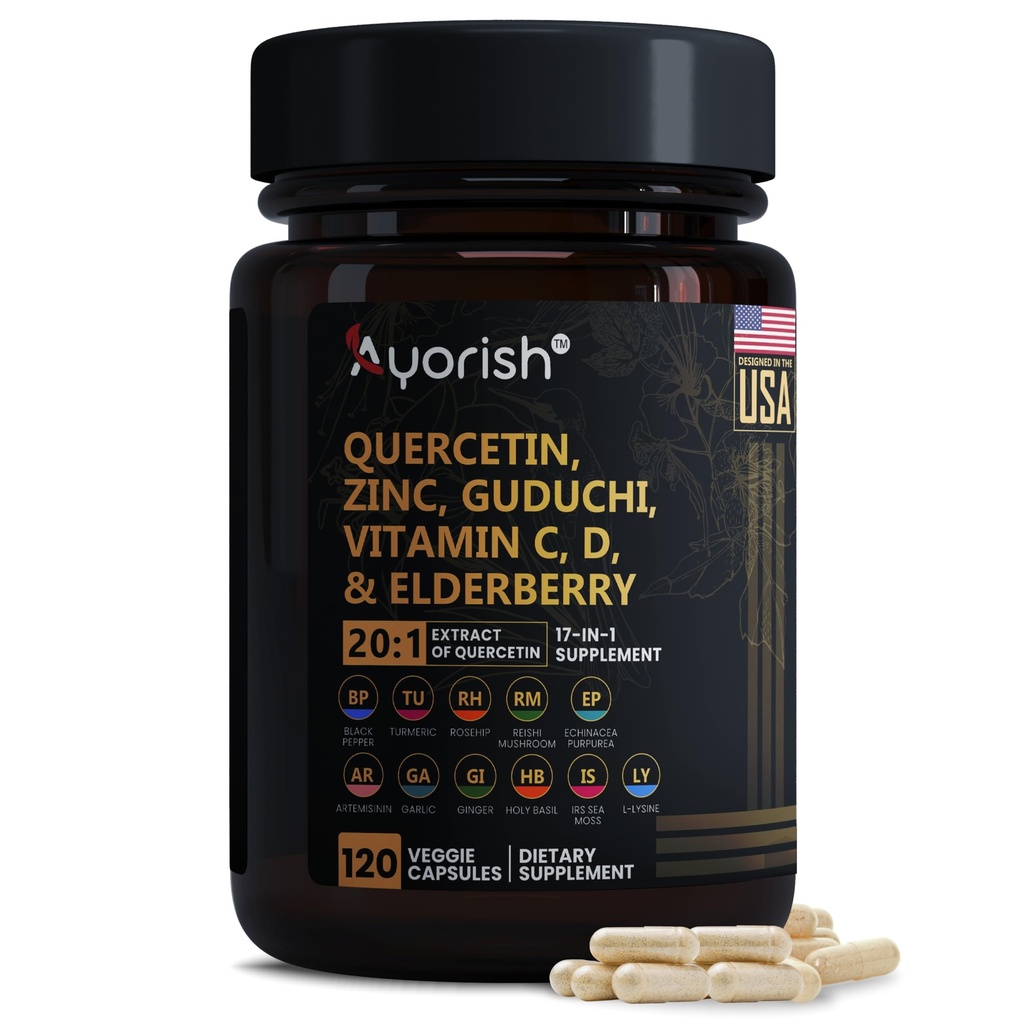 Quercetin Zinc Vitamina C Vitamina D Bromelain Elderberry - Integratore di supporto immunitario polmonare Adulti con Artemisinina, Moss del mare, Echinacea, Allergy Relief 120 Conte