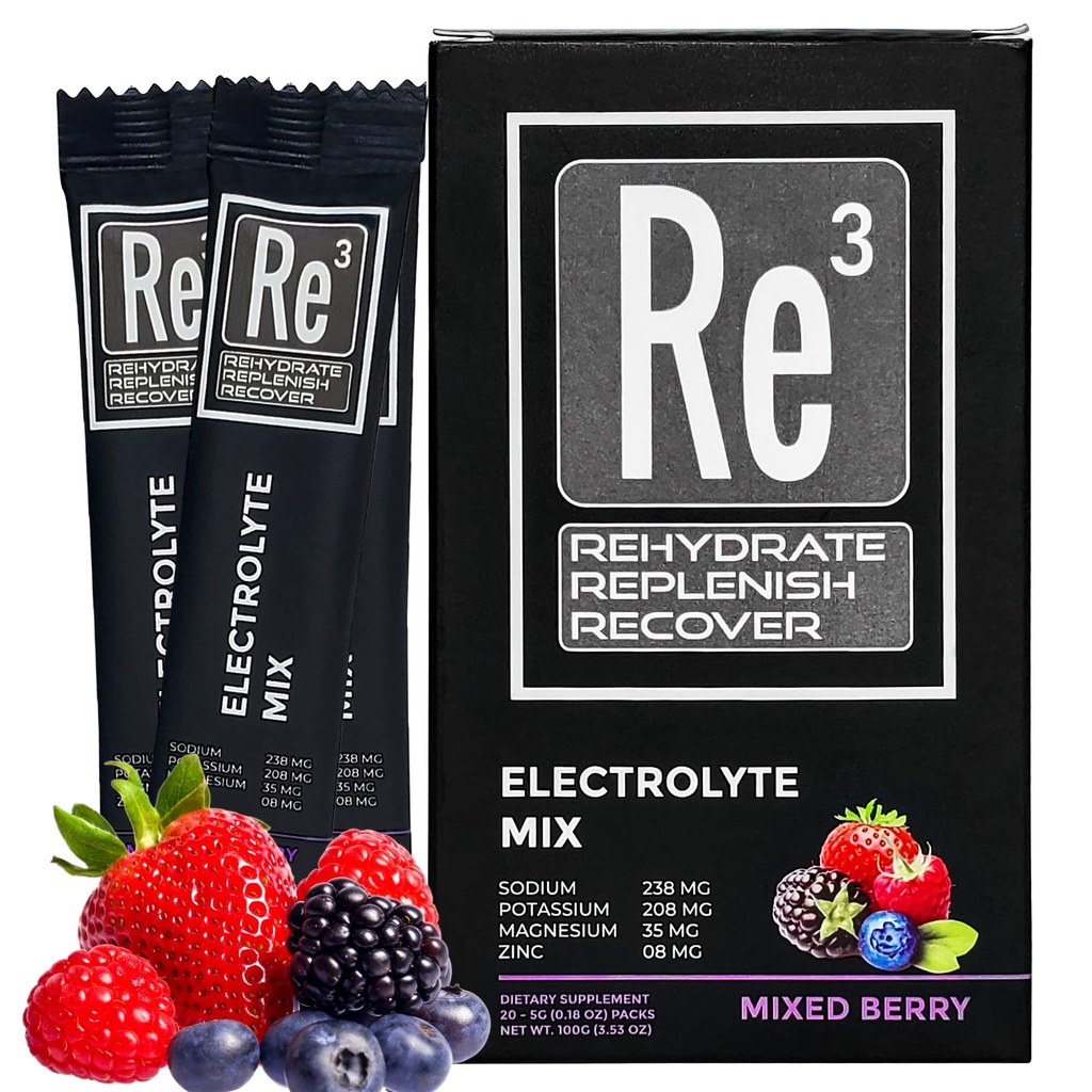 Re3 - Rehydrate - Replenish - Recover Electrolyte Powder Packets. No Sugar, 7 Cal, 1.4 Carbs. Il miglior mix di vitamine e minerali (Mixed Berry)
