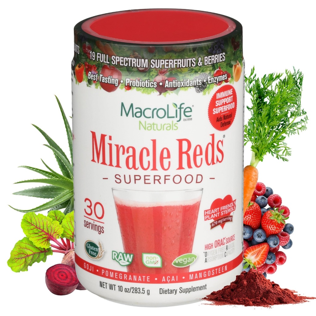 MacroLife Naturals Miracle Reds Superfood Supplemento Polvere Antiossidanti Polifenoli Enzimi Probiotici - Raw Non OGM Organic Vegan Gluten & Dairy Free (30 Serve)