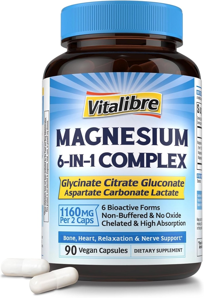 Magnesio Complesso Supplemento 6 in 1, 1160mg Magnesio Chelato per Max Absorption, Aiuta con un sonno migliore, Relax & Nerve Calm, 90 capsule vegane, Non OGM & Gluten Free