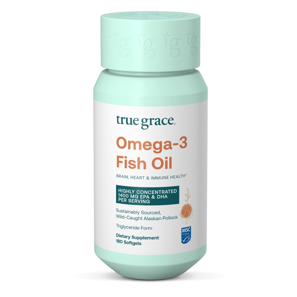 True Grace Omega-3 Fish Oil - 180 Softgels - 1400 mg EPA + DHA - Cervello, Cuore, Joint & Immune Health - Organic, Gluten Free, Soy Free