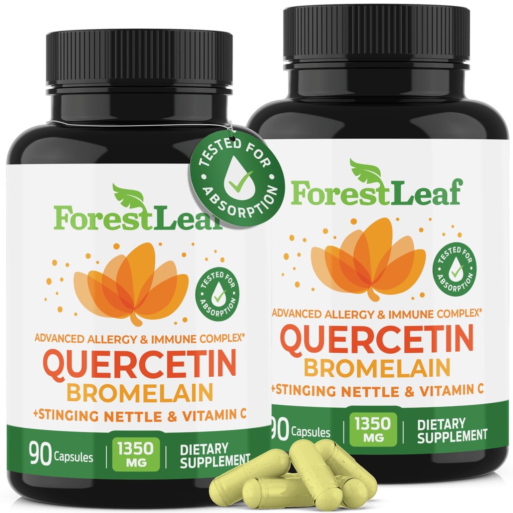 ForestLeaf Quercetin con Bromelain - 1350mg Blend con vitamina C & Sting Nettle, Advanced Quercetin 500mg Supplement, Non-GMO Gluten Free, Natural Immune & Respiratory Function 180 Capsule Veggie