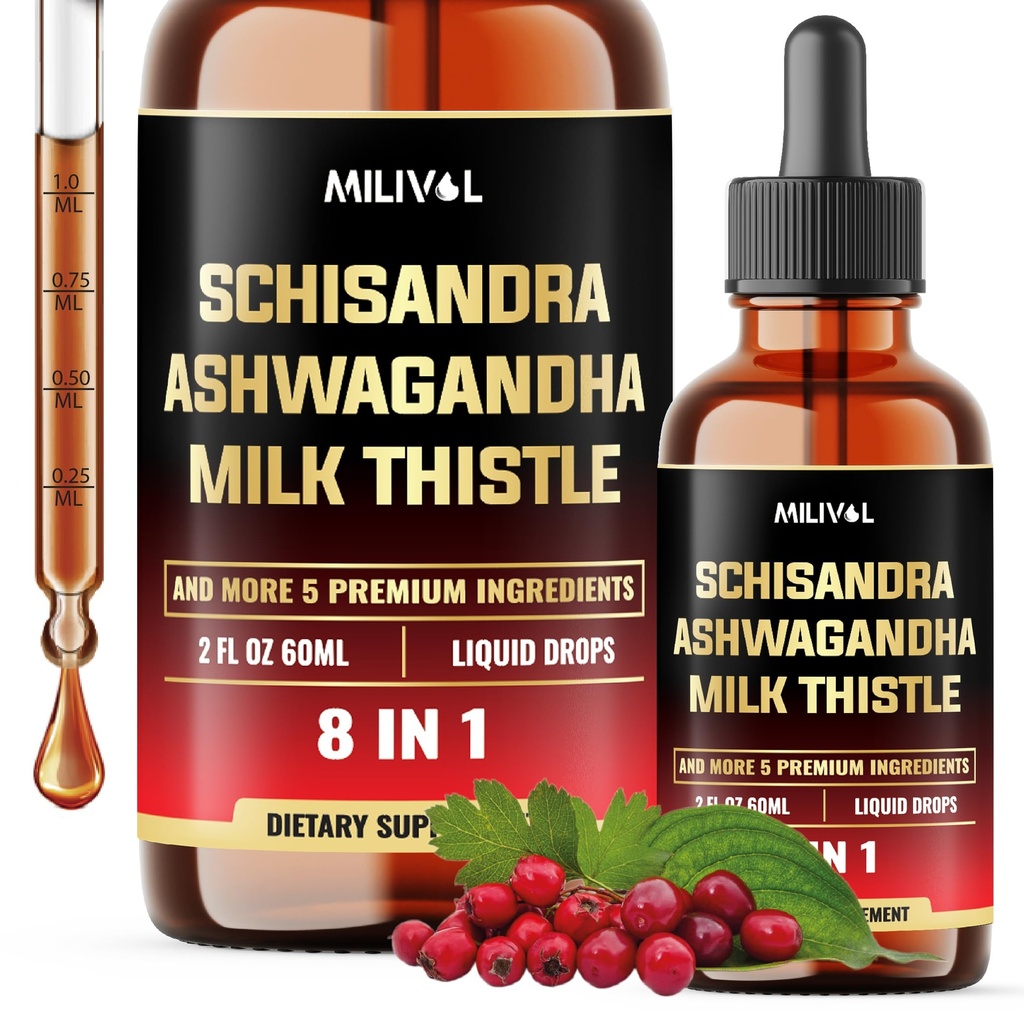 8in1 Schisandra Berry Drops with Milk Thistle, Ashwagandha, Rhodiola Rosea, Santo Basilio, Artichoke, Dandelion Root & Curcumin Turmeric - 2 Fl Oz per 2 mesi Alimentazione
