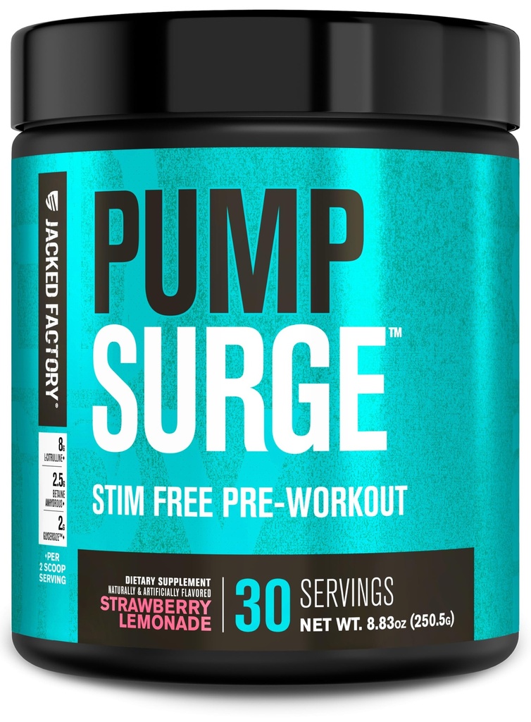 Jacked Factory Pumpsurge Caffeine Free Pre Workout per uomini e donne - Nootropic Booster & Stim Free Pre Workout - Pompe intenzionali, Focus potenziato - 30 Serve, Strawberry Lemonade