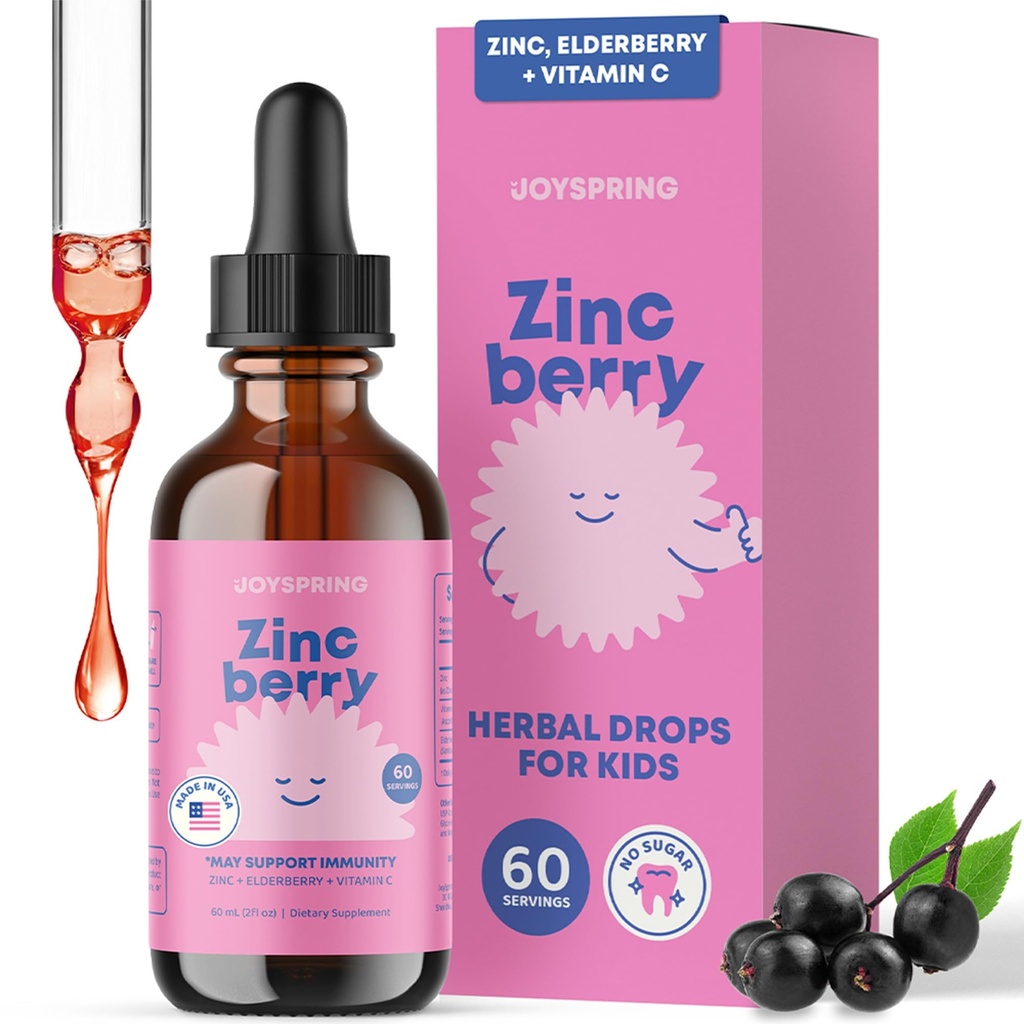 JoySpring ZincBerry - Kids Zinc & Vitamin Supplement (2 fl oz) Immune Support Drops with Elderberry Flavor for Kids 3-16+ Years