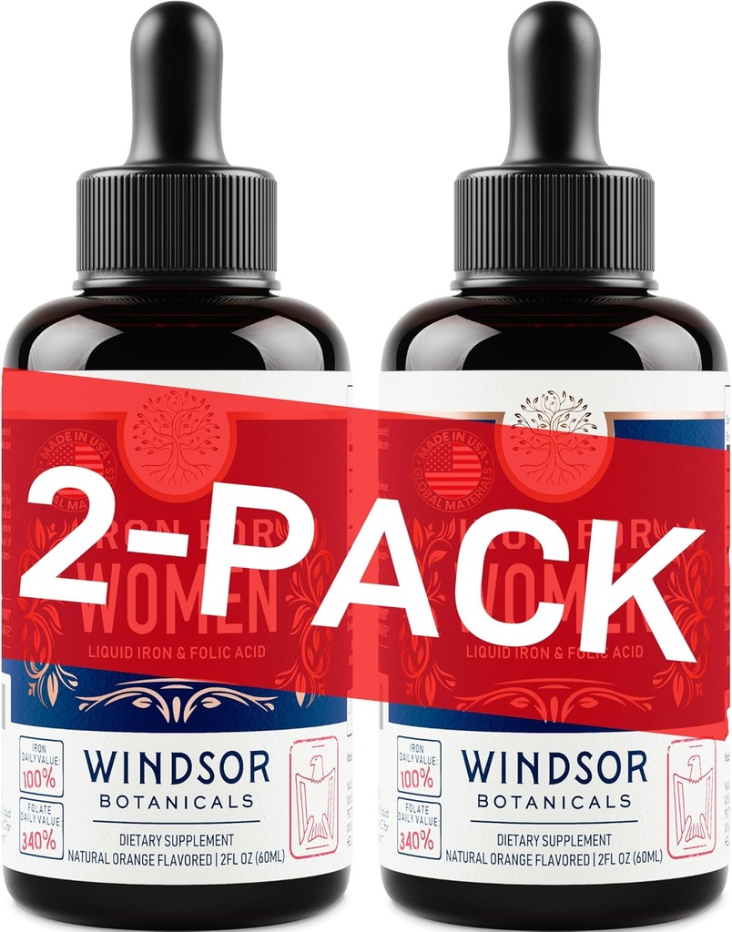 WINDSOR BOTANICALS Supplemento di ferro liquido per le donne 2-Pack - acido folico, vitamina C, integratori di ferro liquido Vegan per l'anemia, mestruazione, sostegno alla gravidanza - gocce di aroma d'arancia - 2x2oz