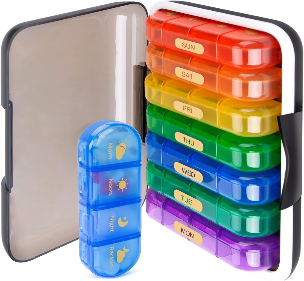 MURRI&MURRDI 7-Day Pill Organizer con 28 celle, Large Weekly Pill Case per 4 scomparti giornalieri, Moisture-Proof Travel Pill Box per Vitamine, Farmaci, Supplementi, Multi-Color