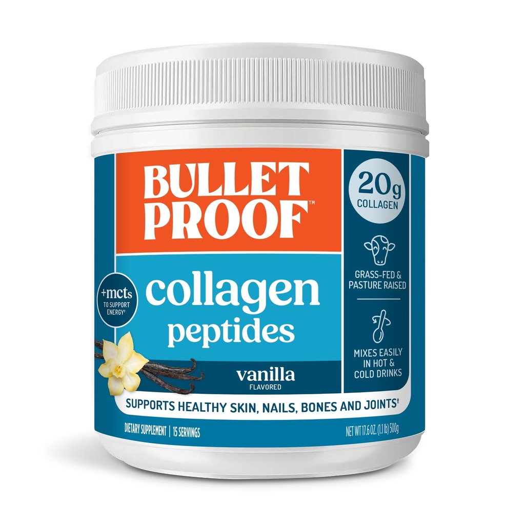 Polvere di peptidi di Vanilla Collagen a prova di proiettile con olio MCT, 17.6 once, proteina di collagene di erba per pelle, ossa e giunti