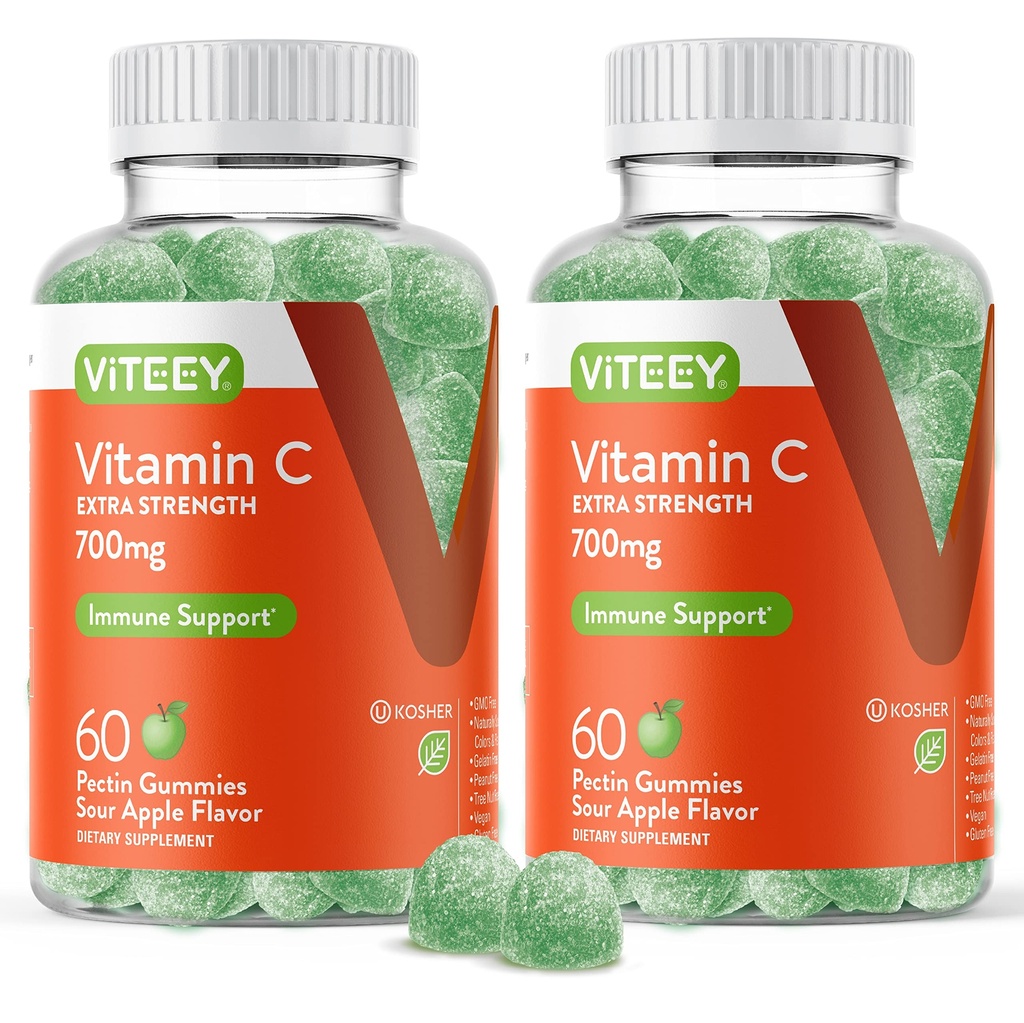 Viteey Chewable Vitamin C Gummies per Adulti - 700mg Extra Strength Immune Support Supplement - Vegan, Gluten Free - 120 Count