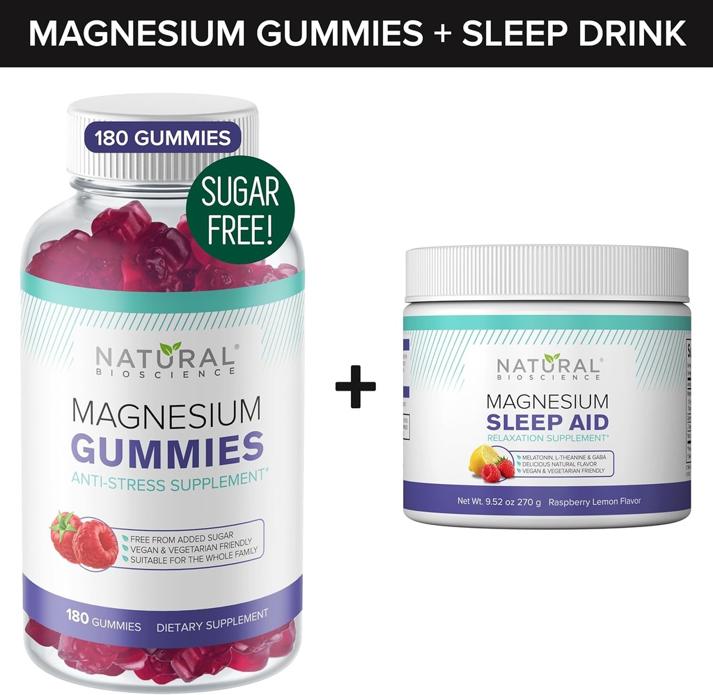 Gummie di Magnesio senza zucchero (180 Gummies) e Magnesio Polvere notturna con Citrato di Magnesio, Melatonina, L-teanina e GABA - Vegan, Gelatin-Free, Gluten-Free, Non OGM