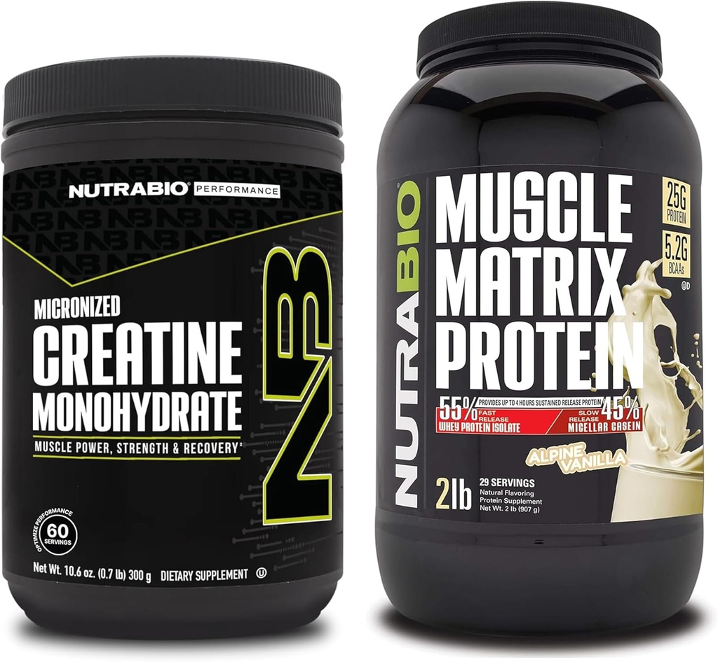 NutraBio Creatina monoidrato, non aromatizzato, (300 g) e polvere proteica matrice del muscolo, (Vanilla) supplemento Bundle – energia muscolare, crescita massima, recupero e resistenza