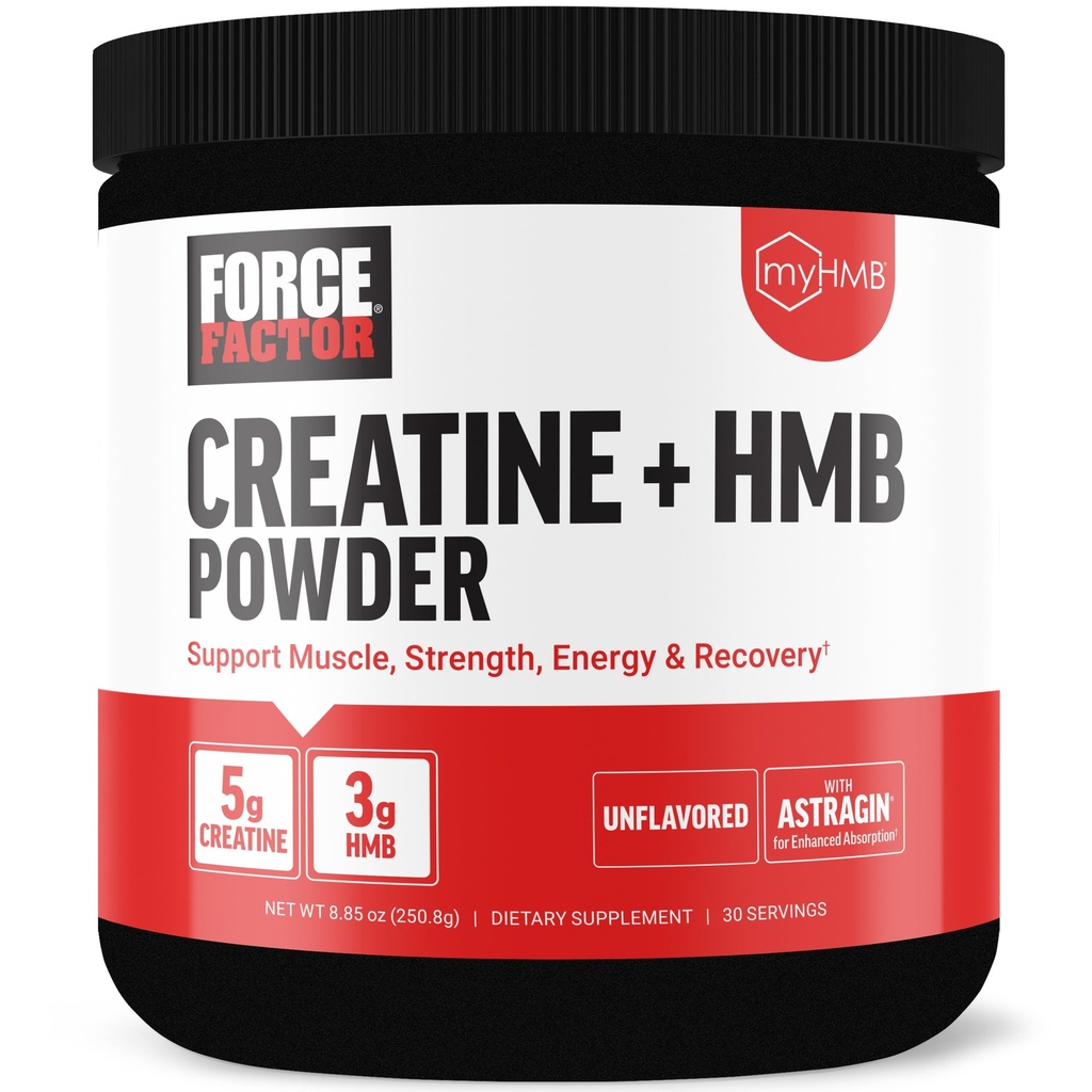 Fattore di forza Creatina HMB Polvere, 5g Creatina Monoidrato + 3g myHMB per la crescita del muscolo, la resistenza, l'energia e il recupero, con AstraGin per l'assorbimento potenziato, non aromatizzato, 30 Serve