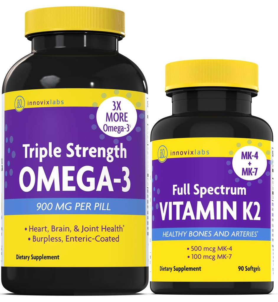 InnovixLabs Vitamin K2 & Triple Omega Bundle Full Spectrum Vitamin K2 (90 Softgels) Triple Strength Omega-3 Fish Oil (200 Softgels). Supporta Bones sano, Arterie e Giunti. *
