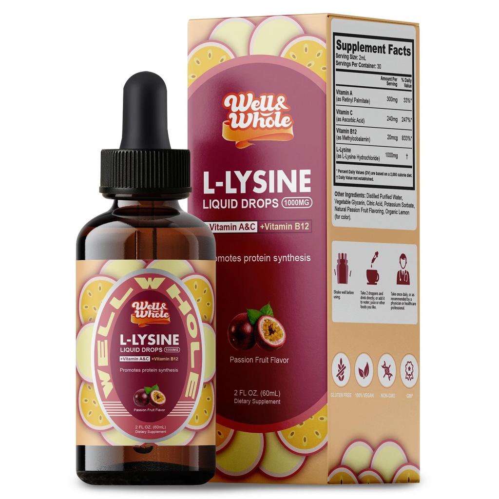 L-Lysine Supplement Liquid Drops | L-Lysine 1000mg Tintura con vitamina A, C e B12 per adulti e bambini | Supporto immunitario, Skin & Lips Salute, Collagen Sintesi | Non-GMO, Vegan, 2 Fl Oz (60 ML)