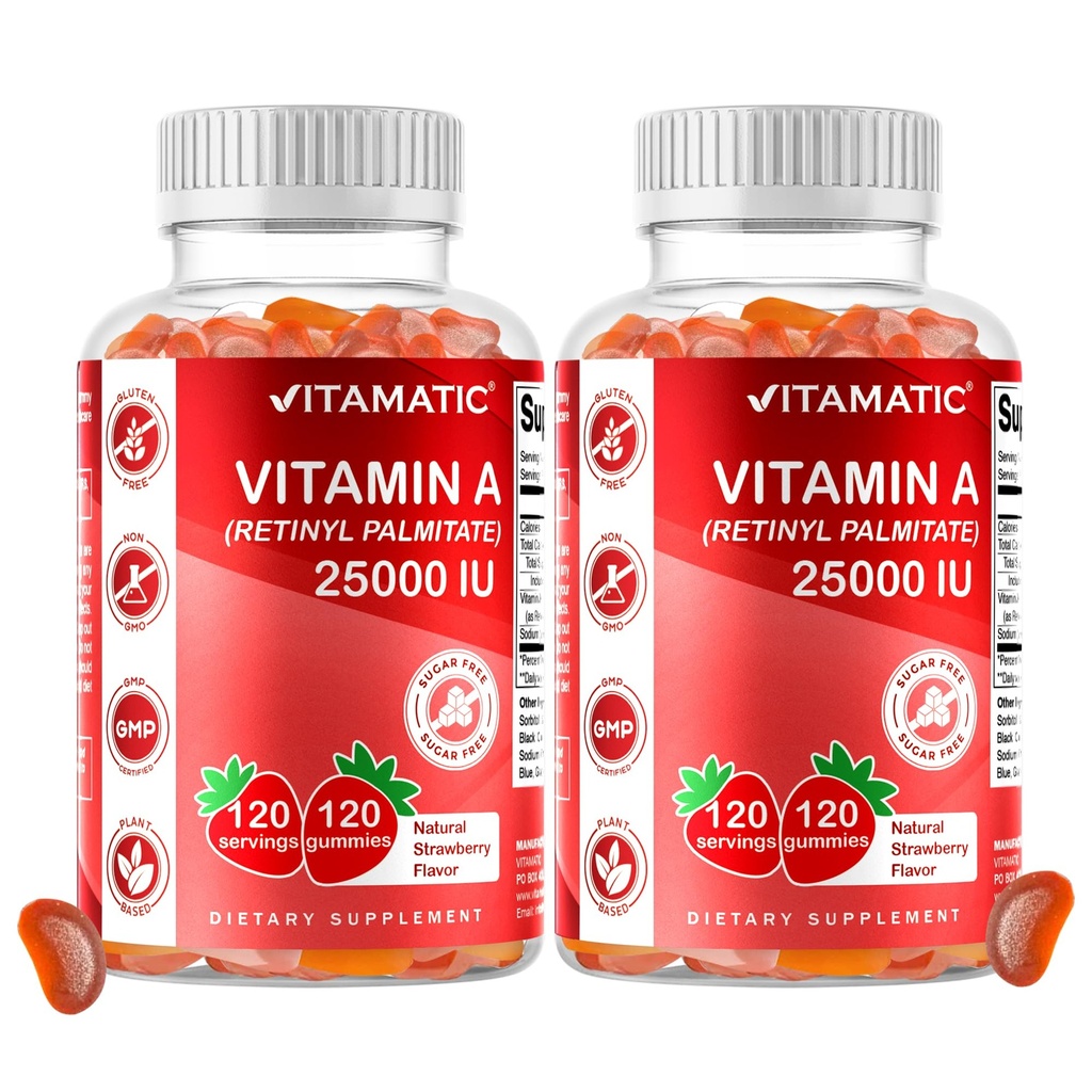 Vitamatic Sugar Free Vitamin A 25000 IU Gummies (Retinyl Palmitate) - Natural Strawberry Flavor - 120 Pectin Based Gummies (2 Bottiglie)