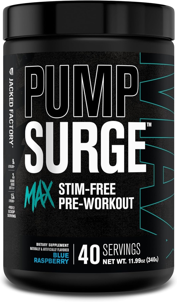 Jacked Factory Pumpsurge Max Stim Free Pre Workout - Caffeina ad alta efficienza Free Pre Workout con L-Citrulline, N03-T Arginine Nitrate & Glutathione - 40 Serve, Blue Raspberry