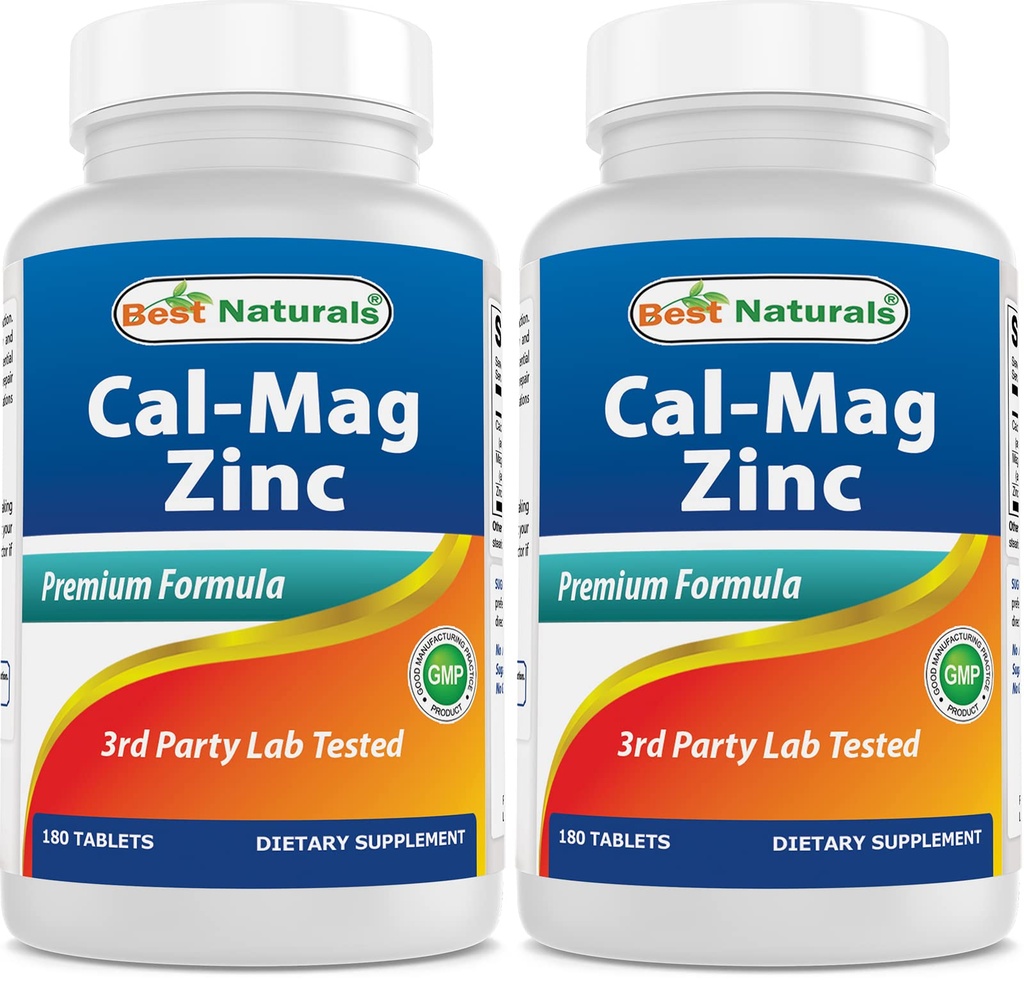2 confezioni - Best Naturals Calcium Magnesium Zinc - 180 compresse - Essential Cal Mag Zinc Mineral Complex (Totale 360 compresse)
