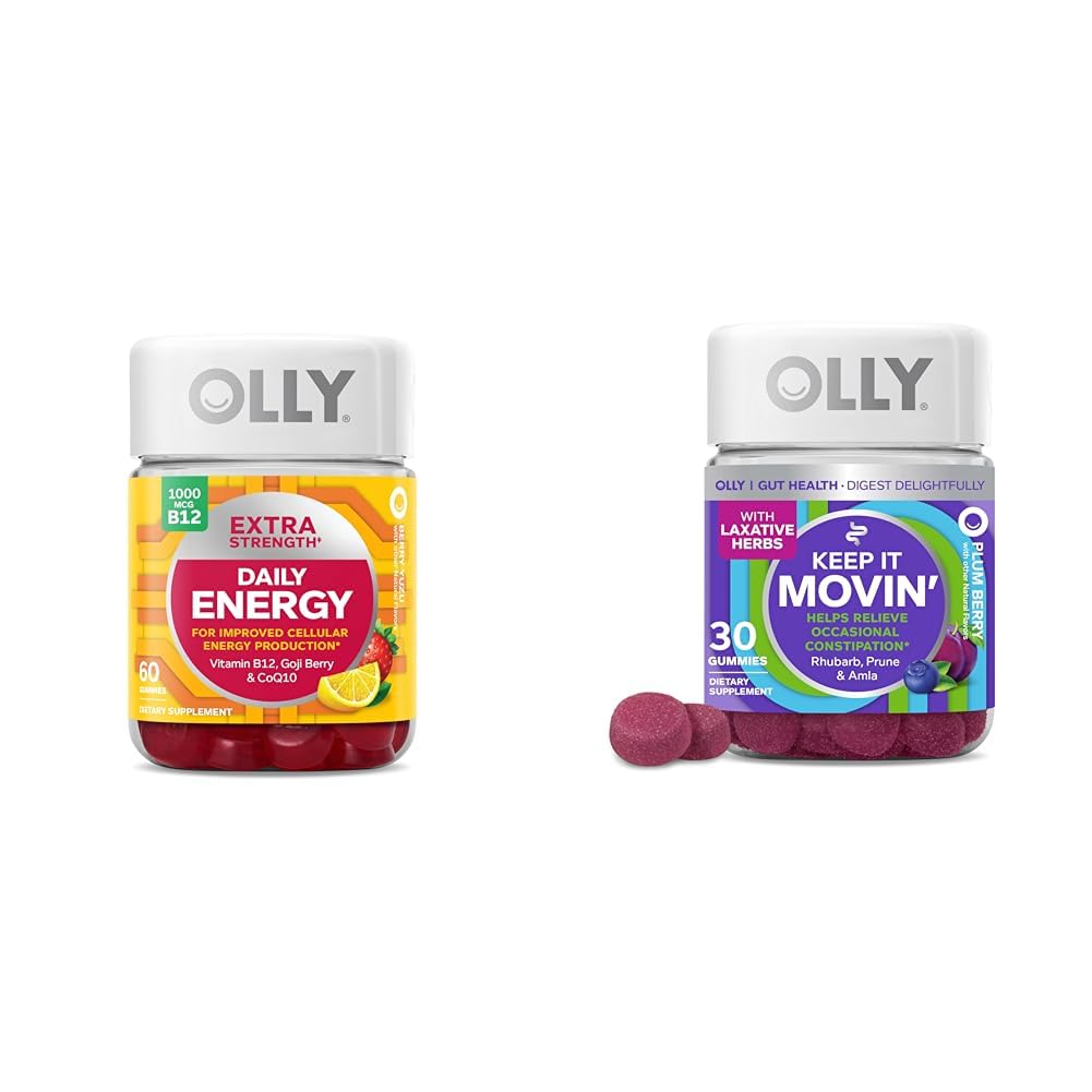 Gomma di energia giornaliera di OLLY con vitamina B12, CoQ10, Goji Berry, 60 conteggio e mantenere la mummia mobile del sollievo dalla costipazione con Rhubarb, Prunes, Amla, 30 conte