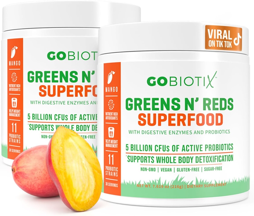 GOBIOTIX Super Greens and Reds Powder - Superfood rosso e verde - Supplemento probiotico - Polvere di radice digestiva di enzimi e barbabietola - Integratore alimentare organico di alimenti integrali (Mango, 2 Pack)
