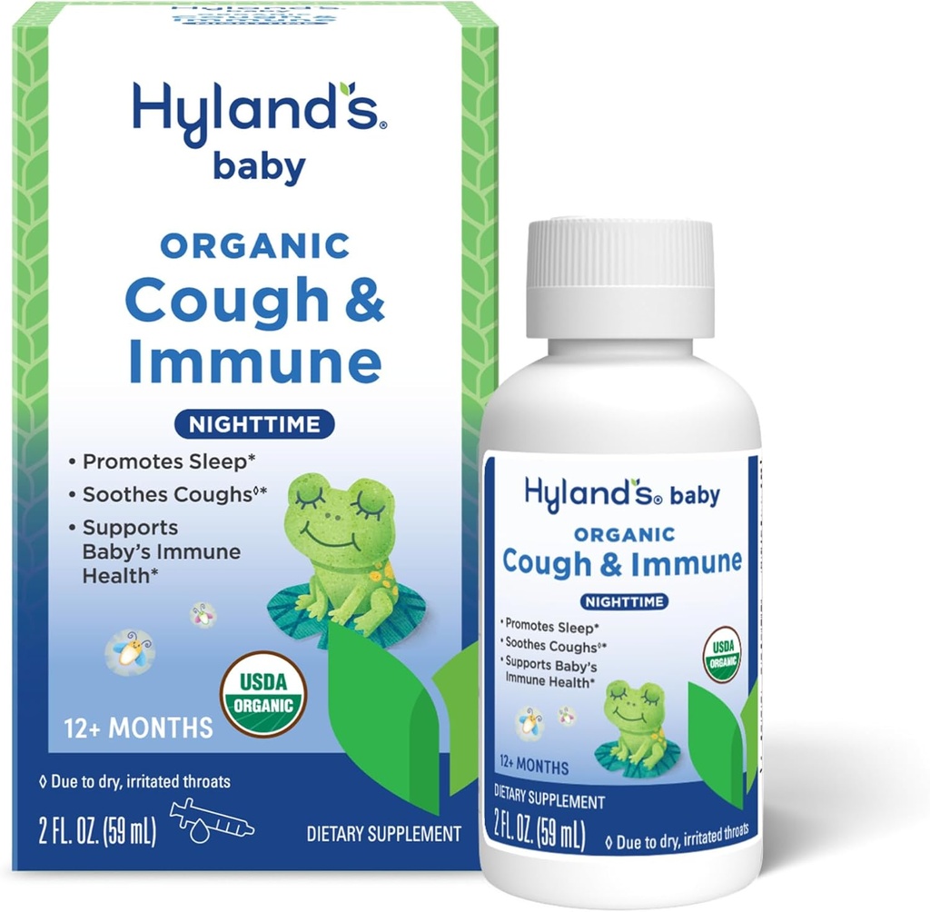 Hyland's Baby Organic Cough Syrup e Immune Support con Agave, Elderberry e Pomegranate, Soothes Cough, e Supporta Immunity, Nighttime, 2 Fl. Oz.