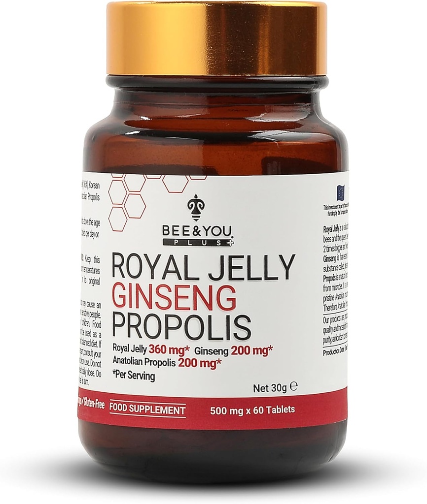 Bee and You Royal Jelly with Ginseng Tablet, Propolis Extract, 60ct, 100% Natural Superfood, Ultra Pure, Immune Support Supplement, Antiossidanti, Keto, Paleo, Senza glutine