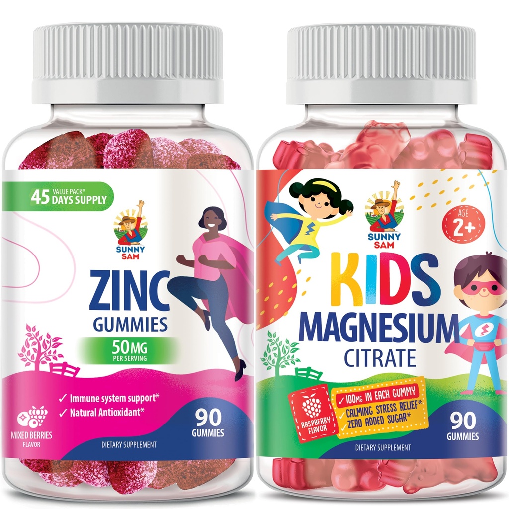 SUNNY SAM Zinc Gummies per Adulti & Magnesio Gummies per Bambini & Adulti - 100mg - Calze di Magnesio