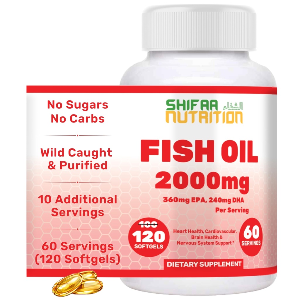 SHIFAA NUTRITION Halal Fish Oil 2000mg Softgels con 360mg EPA & 240mg DHA. 100 Wild Caught & Non-GMO Omega 3 Softgels for Heart & Brain Health. Burpless, Easy-to-Swallow Fish Oil Omega 3 Integratori