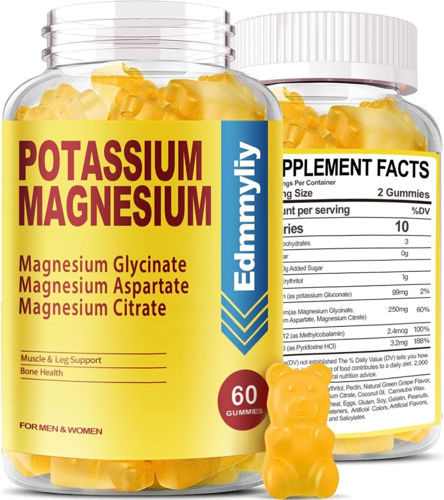 Potassio Magnesio Supplemento Gummies per adulti ad alto assorbimento Gluconato di potassio 99mg Citrato di magnesio 250mg con vitamina B6 B12 Supporta Mood, Energia, Rilassamento muscolare, Salute di ossa, Zucchero Libero