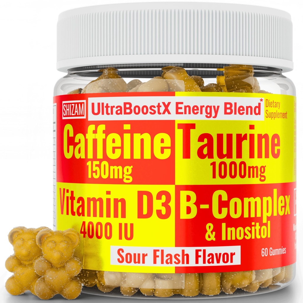 SHIZAM Taurine 1000mg Caffeina 150mg Energy Gummies w D-3 B-12 B Complex Inositol, Gel Vitamine Bevande Vitamine Capsule Bevande Bevande Pillole Polvere Alt, Running Runners Supplementi