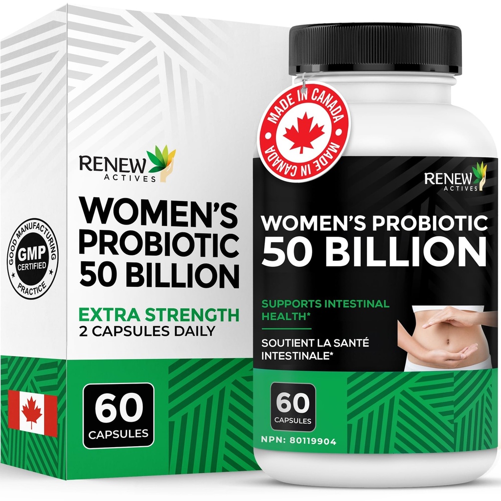 RENEW ACTIVES Probiotics for Women 50 Billion CFU per 2 capsule – MAKTREK Technology, 4 Probiotic Strains & Prebiotic Blend – Supporta la salute della digestione & Gut Flora Balance – Made in Canada– 60 capsule