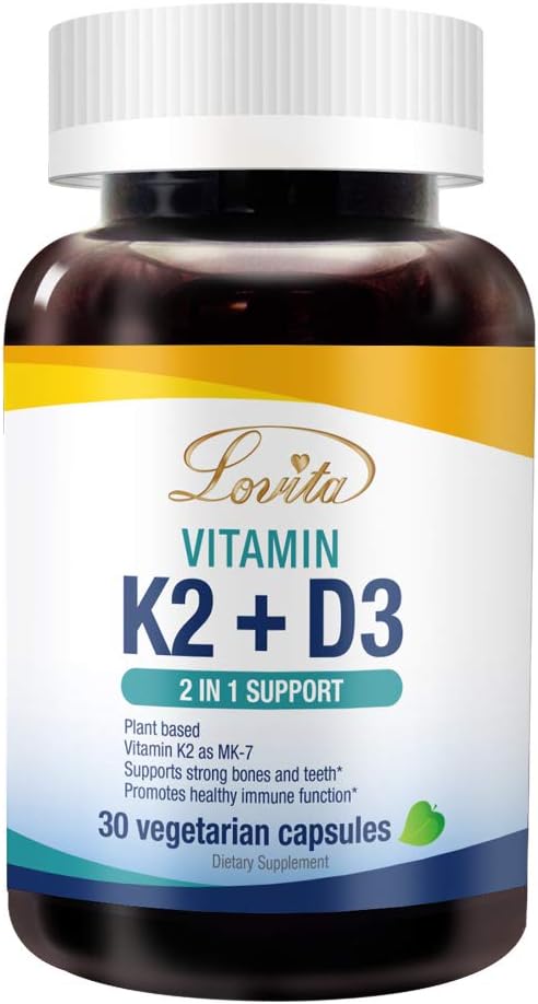 Lovita Vitamin K2 + D3, 400 IU Vegan Vitamin D3 & 120 mcg Vitamina K2 (MK-7), 2 in 1 Formula, Immune Vitamin Complex, 30 capsule vegetariane