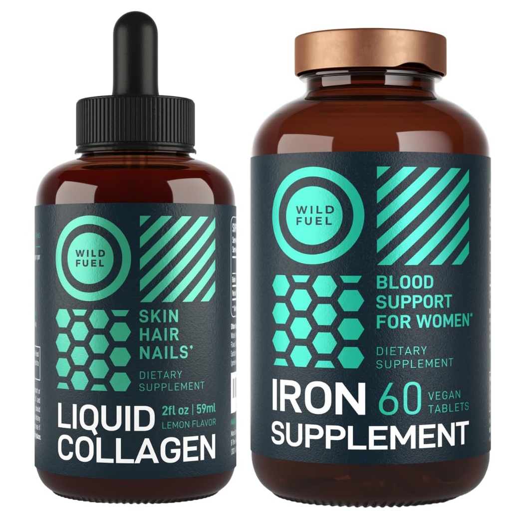 WILD FUEL Iron Supplemento per le donne con acido folico e collagene liquido Peptidi con Biotin Female Health and Beauty Bundle