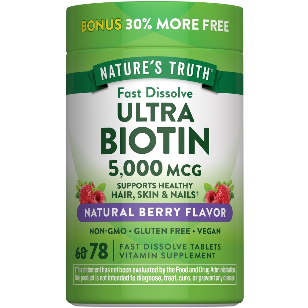Verità della natura Biotin 5000mcg | 78 compresse dissolve veloci | Natural Berry Flavor | Vegan, Non OGM, Gluten Free