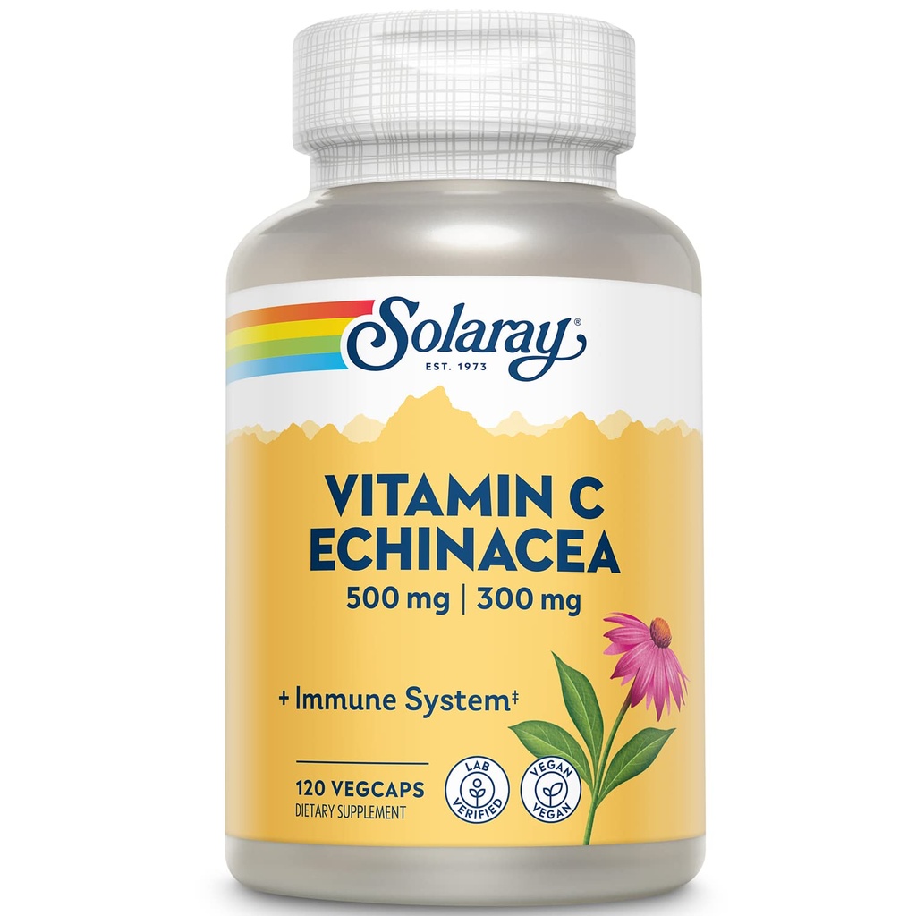 SOLARAY Vitamin C & Echinacea Root | Supporto sano del sistema immunitario w/500 mg VIT C & 300 mg Echinacea Per Capsule | Non-GMO & Vegan | 120 VegCaps