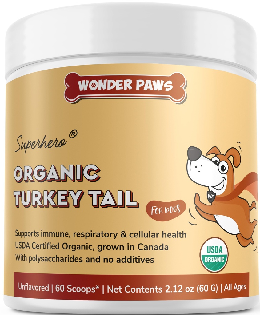 Wonder Paws Organic Turkey Tail Mushroom for Dogs – Potente Tail Turchia per Cani Polvere di funghi per Immunità, Respiratorio, Digestione e Salute Cellulare – con Beta Glucans & Polysaccharides- 2.12 oz
