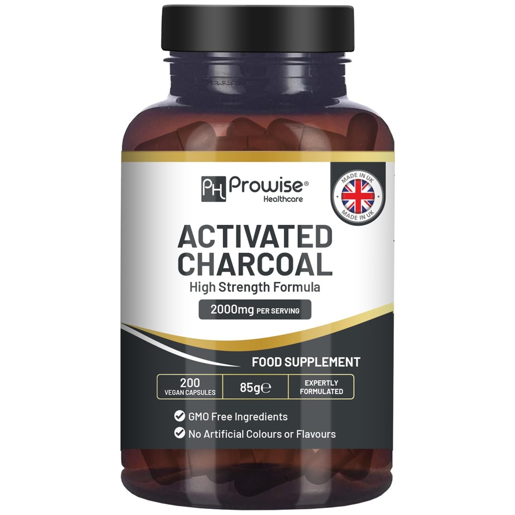 Capsule Charcoal attivati - 200 capsule Vegan ad alta resistenza - 2000mg per Serving Ho fatto nel Regno Unito da Prowise Healthcare