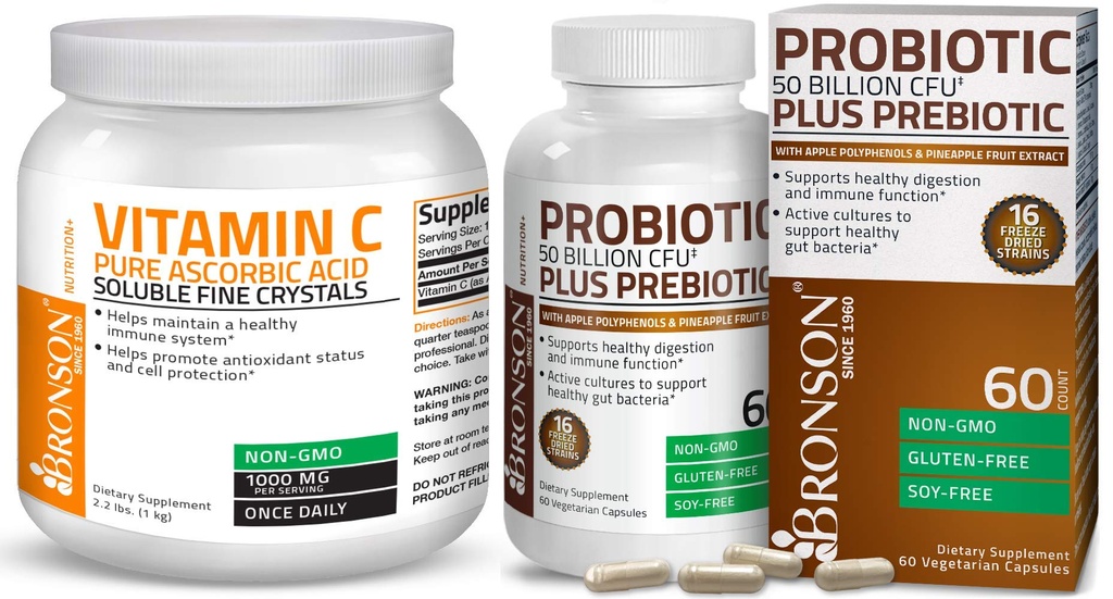 Bronson Probiotic 50 miliardi di CFU + Prebiotico con Polifenoli di mela e Estratto di frutta di ananas Vitamina C Polvere di acido ascorbico puro Soluble Fine Cristalli non OGM