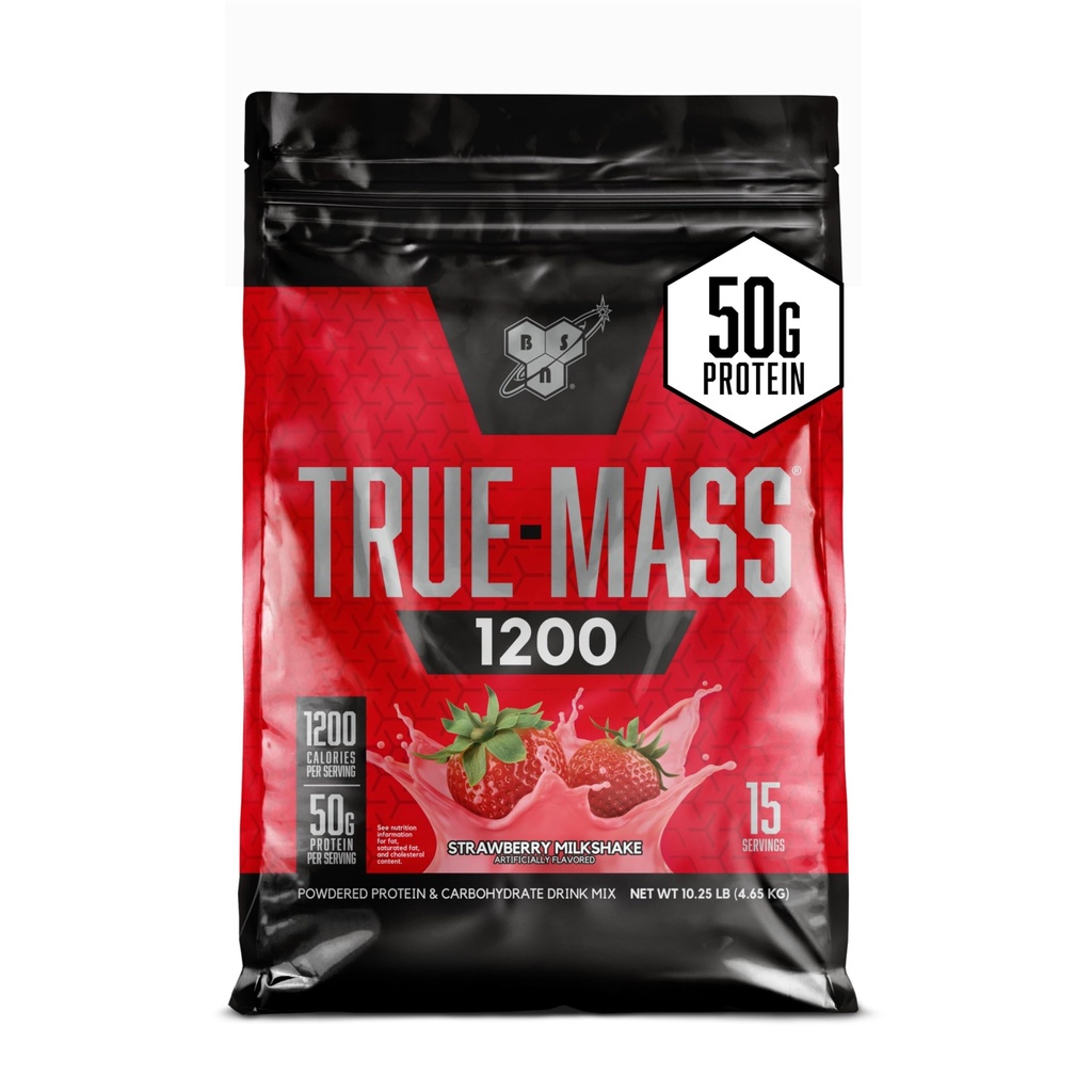 BSN TRUE-MASS Weight Gainer, Polvere di proteina di guadagno di massa muscolare, frullato di fragole, 10.25 Pound