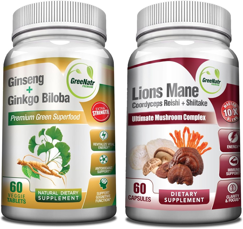 GreeNatr Mushroom Supplement, 10-in-1 Blend with Lions Mane, Cordyceps, Shiitake, Chaga,Turkey Tail, Combinato con il nostro Booster naturale di fuoco di energia e cervello di Ginseng Root e Ginkgo Biloba