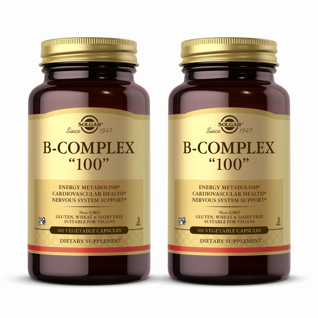 Solgar B-Complex 100" - 100 Capsule Vegetali, Confezione da 2 - Metabolismo Energetico, Supporto Sistema Nervoso - Non OGM, Vegan, Gluten Free - 200 Total Servings