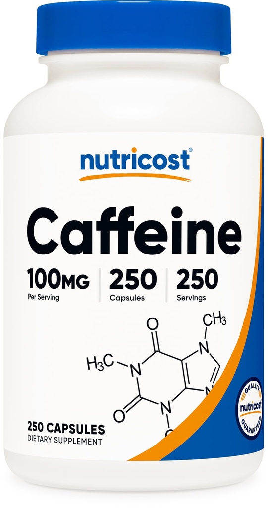 Pillole di caffeina di Nutricost 100mg per servizio, 250 capsule
