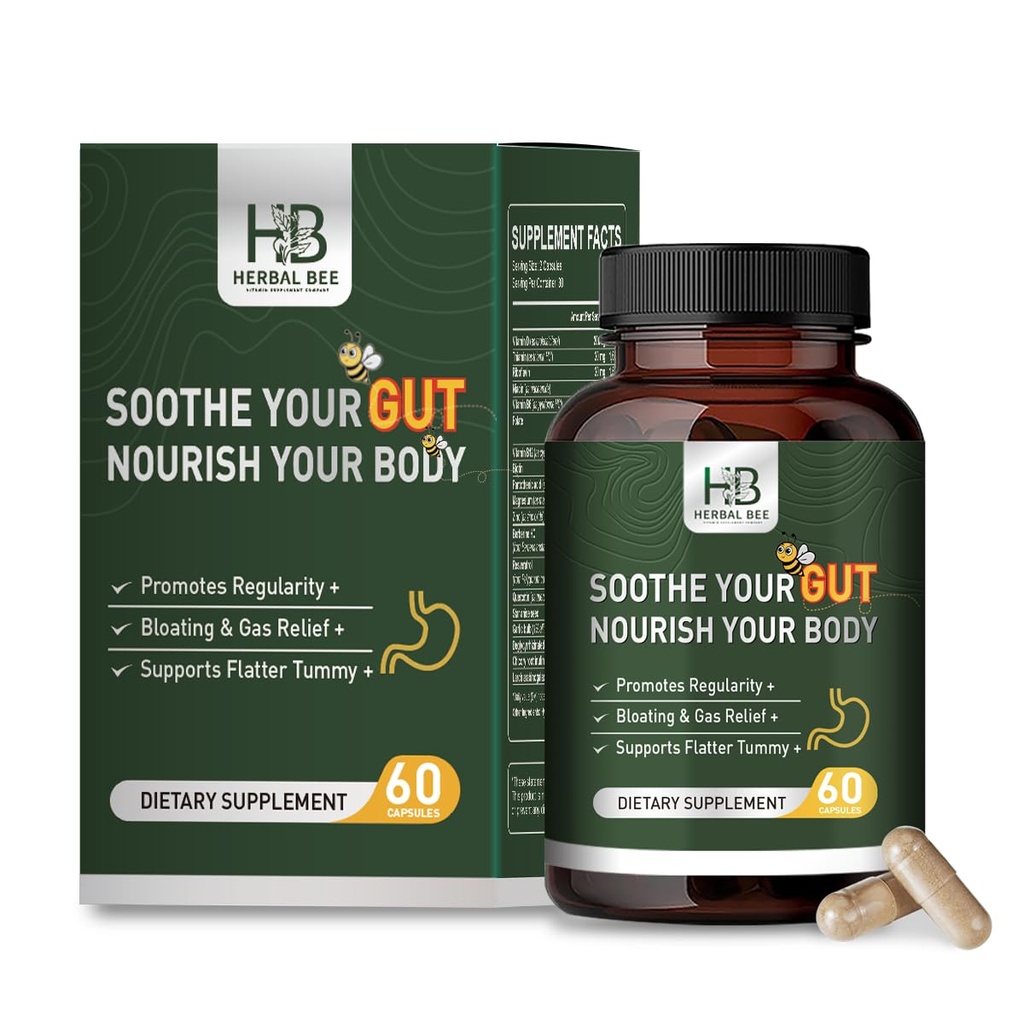 Herbal BEE Gut Health - Rilievo del gas e del Bloating, costipazione, Leaky Gut Repair - Gut Cleanse & Restore Digestion - Promuovere Regolarità, Pulitore del colon, 60 capsule